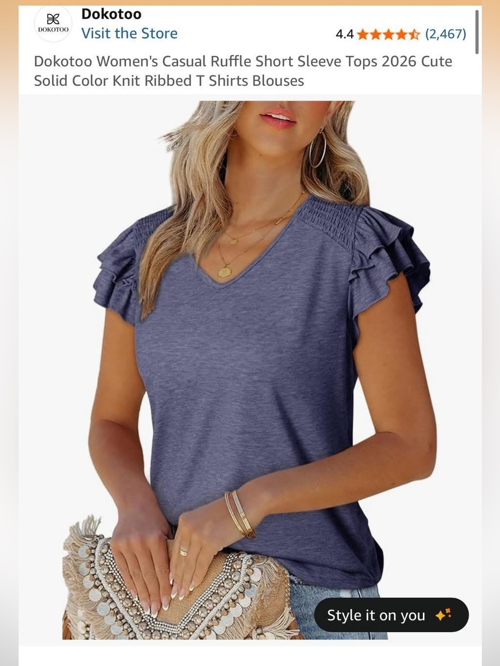 Women’s Ruffled Sleeve V-Neck Top - Blue